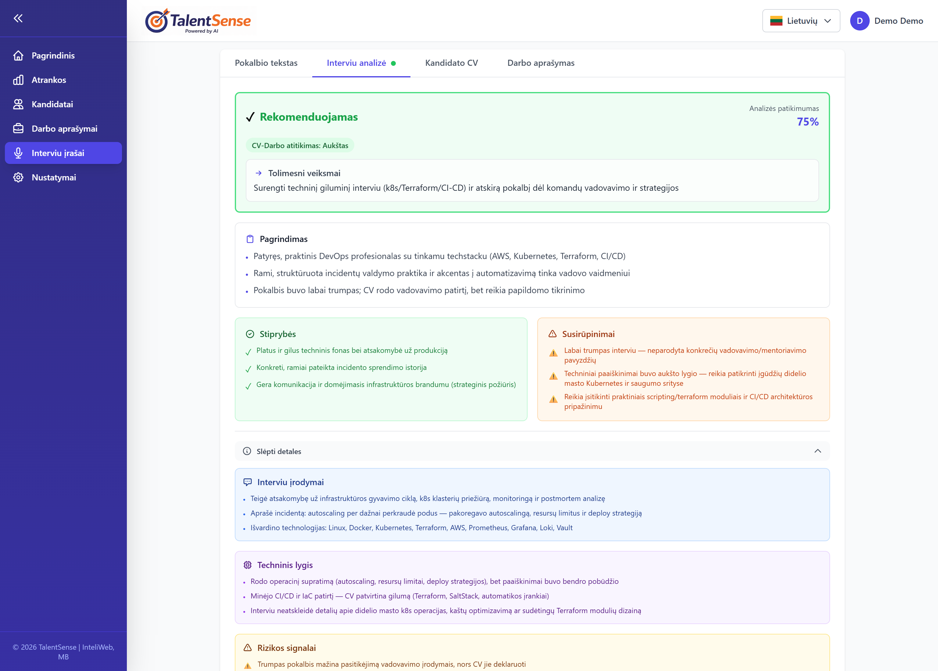 Išsami kandidato analizė bei samdymo rekomendacijos