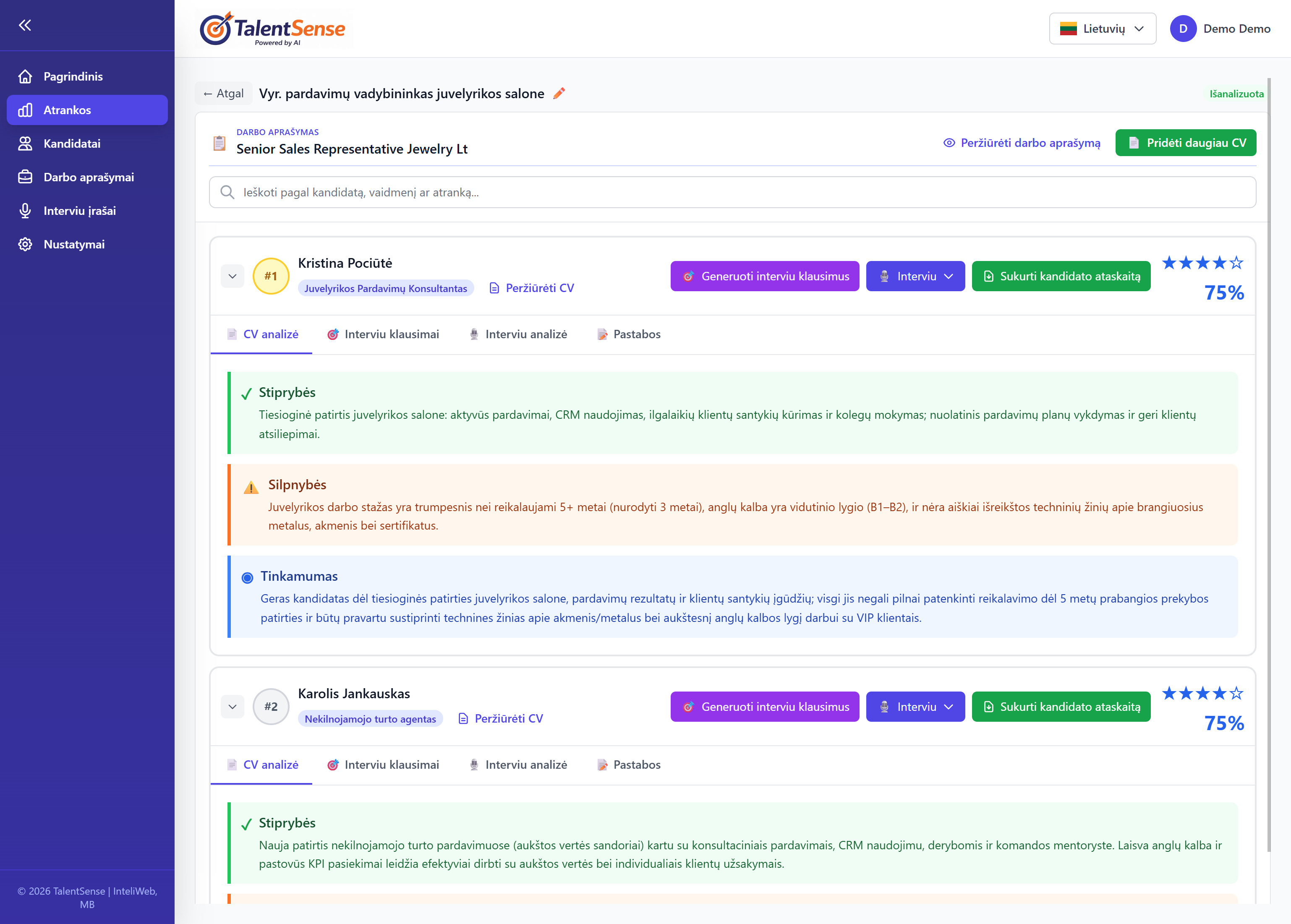 CV atrankos rezultatai